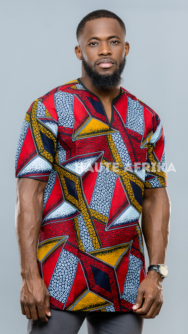 Luanda Shirt colored abstract red, orange, navy blue,and white