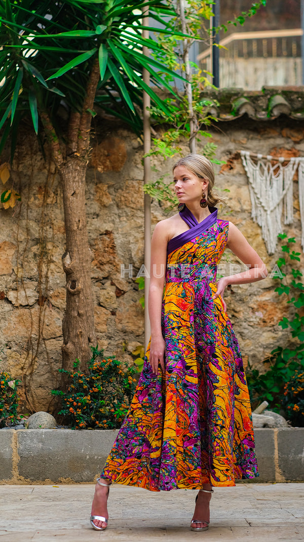 Karoo Dress colored purple with mixtures of red, orange styles