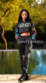 Bujumbura Tracksuit colored black with African print style of purple, gold and blue