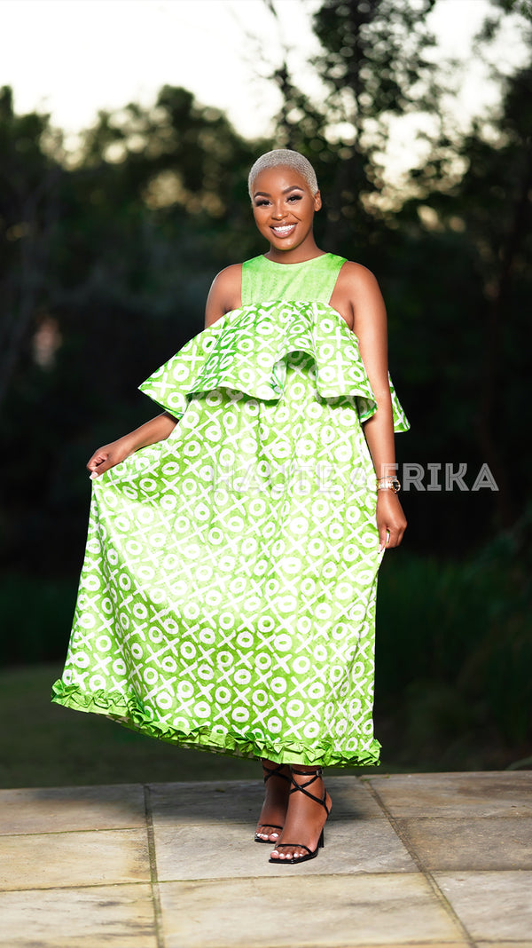 Tanzania Dress colored green with a white pattern