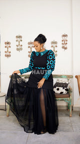 Tamale Dress colored Blue and black with blue circles