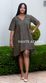 Cotonou Dress colored in green and reddish brown African print style