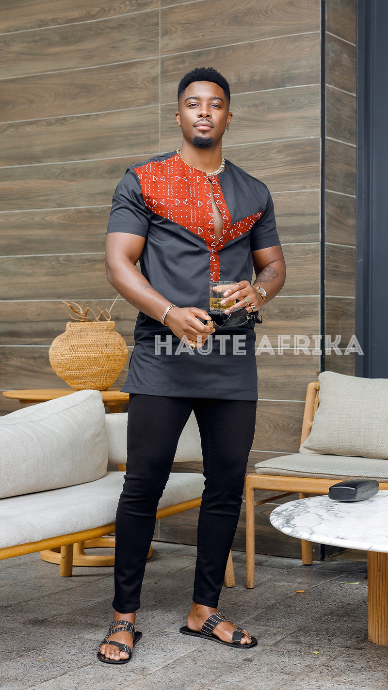 Conakry Shirt colored in grey and reddish brown  African print style