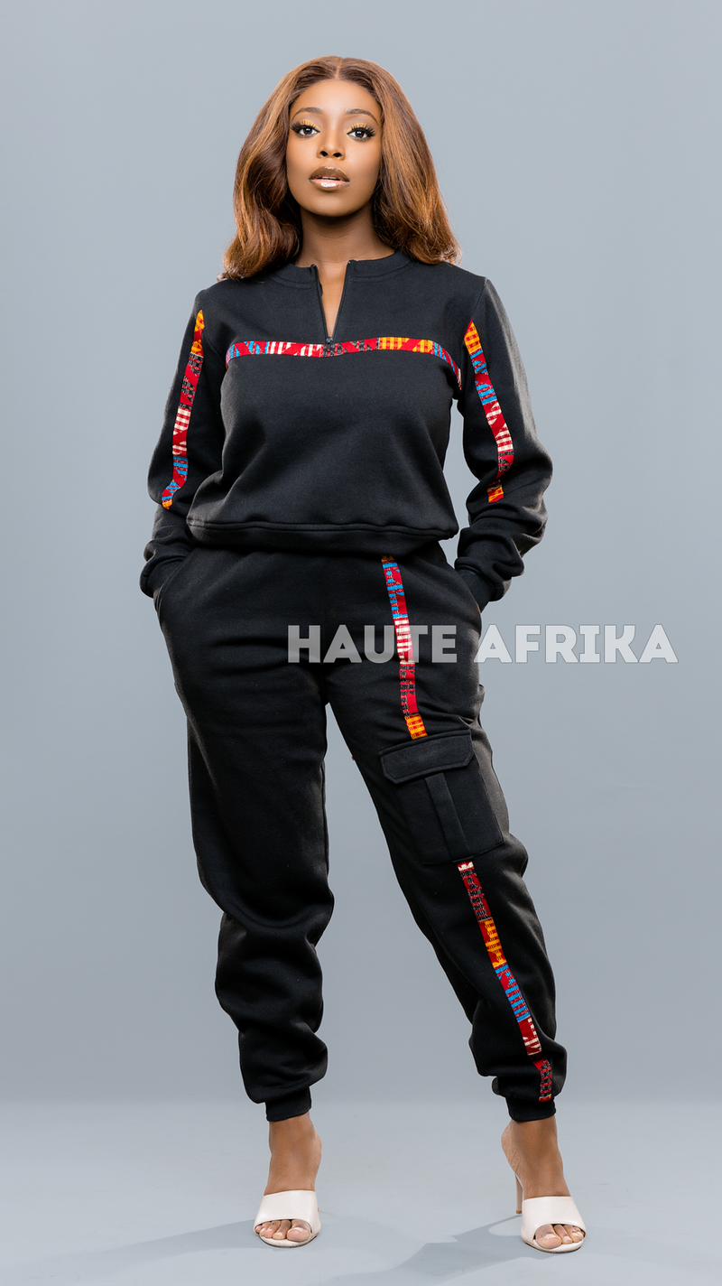 Angola Tracksuit fpr women colored black with a touch of red, orange, blue print style.