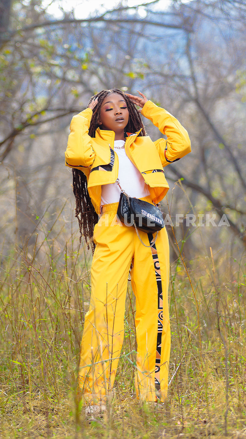Bayala Tracksuit for women colored yellow with African print stripes