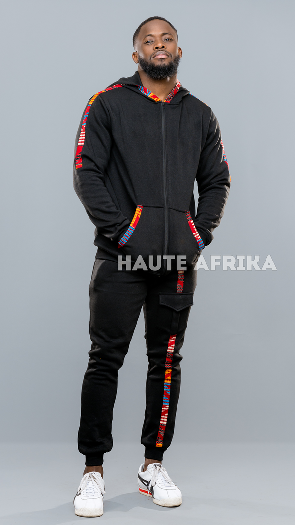 Angola Tracksuit fpr men colored black with a touch of red, orange, blue print style.