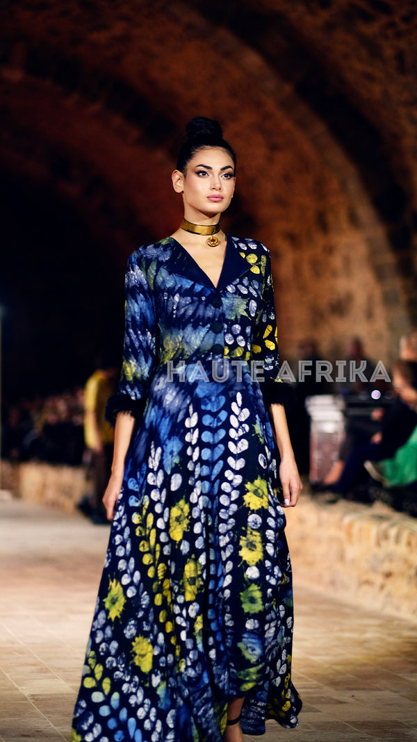 Aba Dress Blue with white, yellow and green pattern
