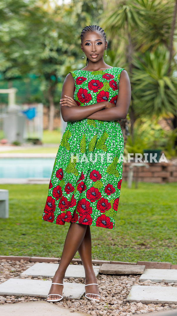 Natasha Dress - Green colored with red flowers