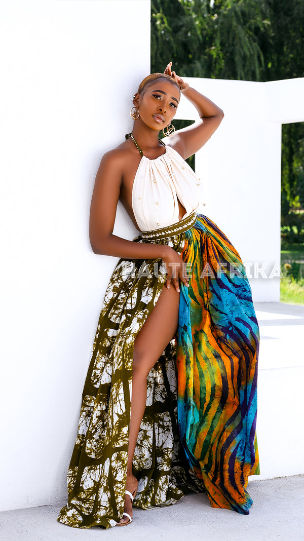Hybrid Signature Dress with white top, bottom green, blue, orange blend African print