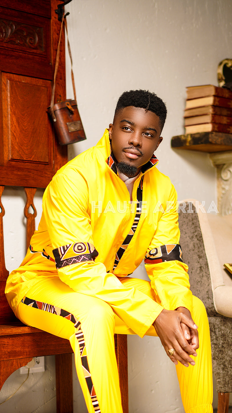 Bayala Tracksuit for men colored yellow with African print stripes
