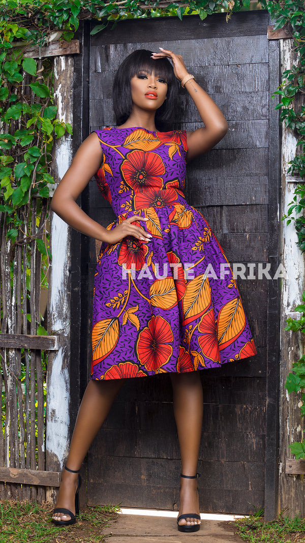 Natasha dress - Short colored purples with red and orange flowers
