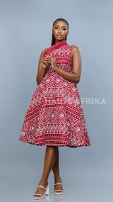 Karoo Dress colored maroon with a touch of white lines and shapes