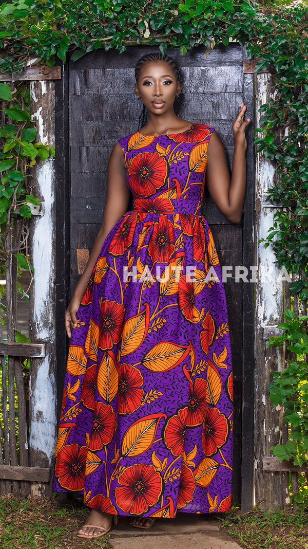 Natasha dress - Long colored purples with red and orange flowers