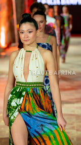 Hybrid Signature Dress with white top, bottom green, blue, orange blend African print