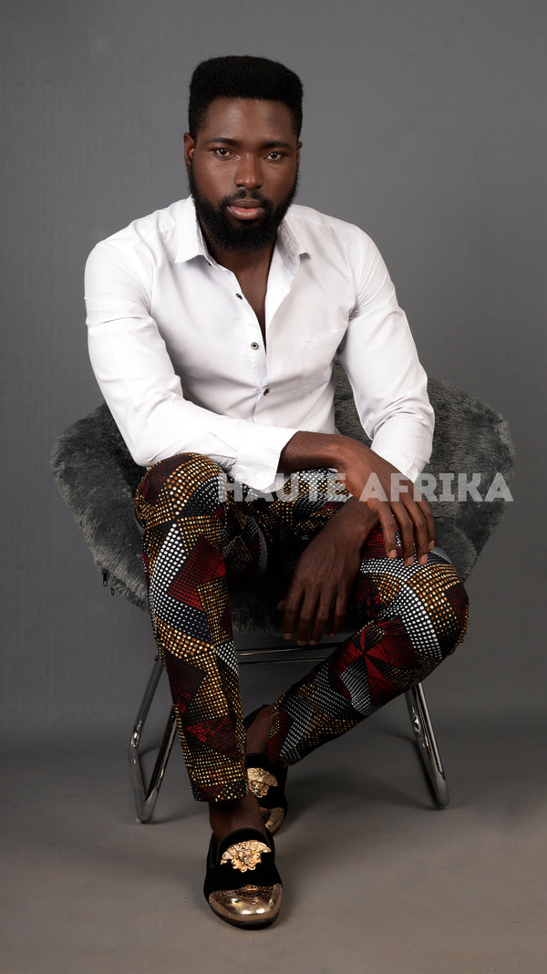 Accra Mens Pants with African print styling of maroon, gold and white