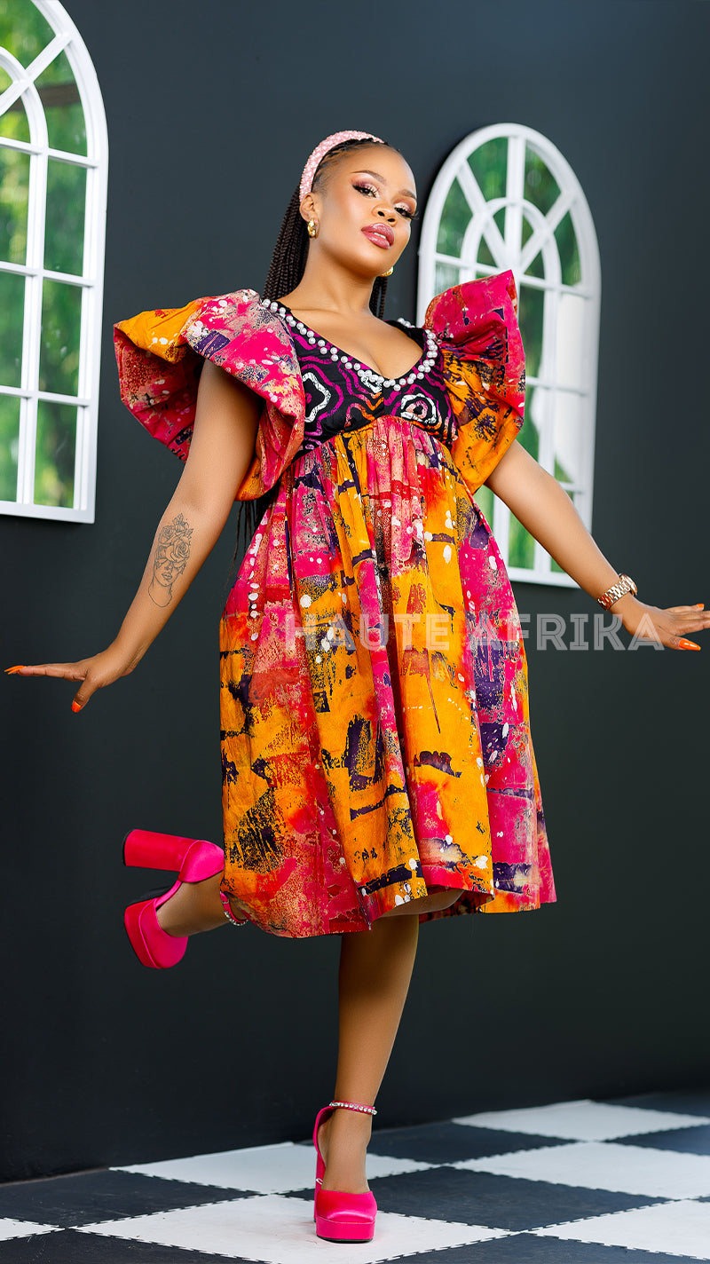 Ilorin Dress colored with red and orange African print blend