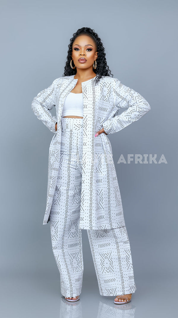 Abidjan Ensemble 2 pieace White outfit with golden patterns style.