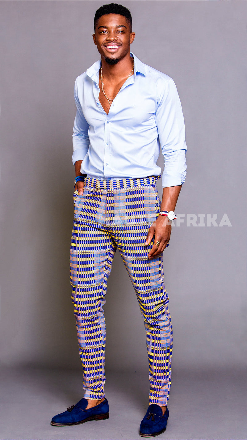 Kente Men's Pants blue, yellow lines and shapes