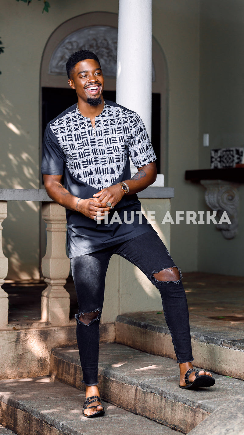 Casablance Shirt - Bologan colored in black and white African print style