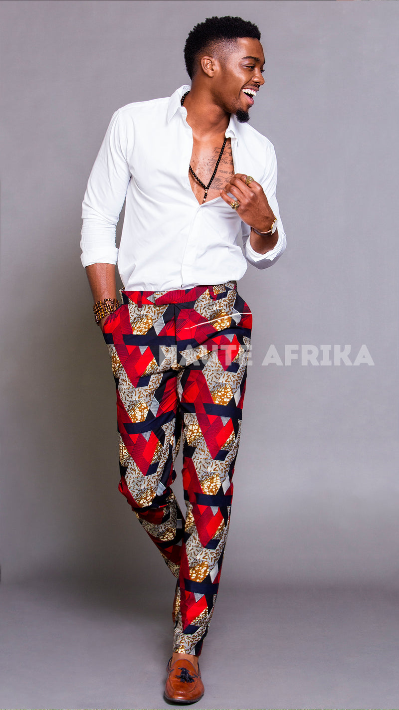 Accra Mens Pants with African print styling of maroon, gold and red