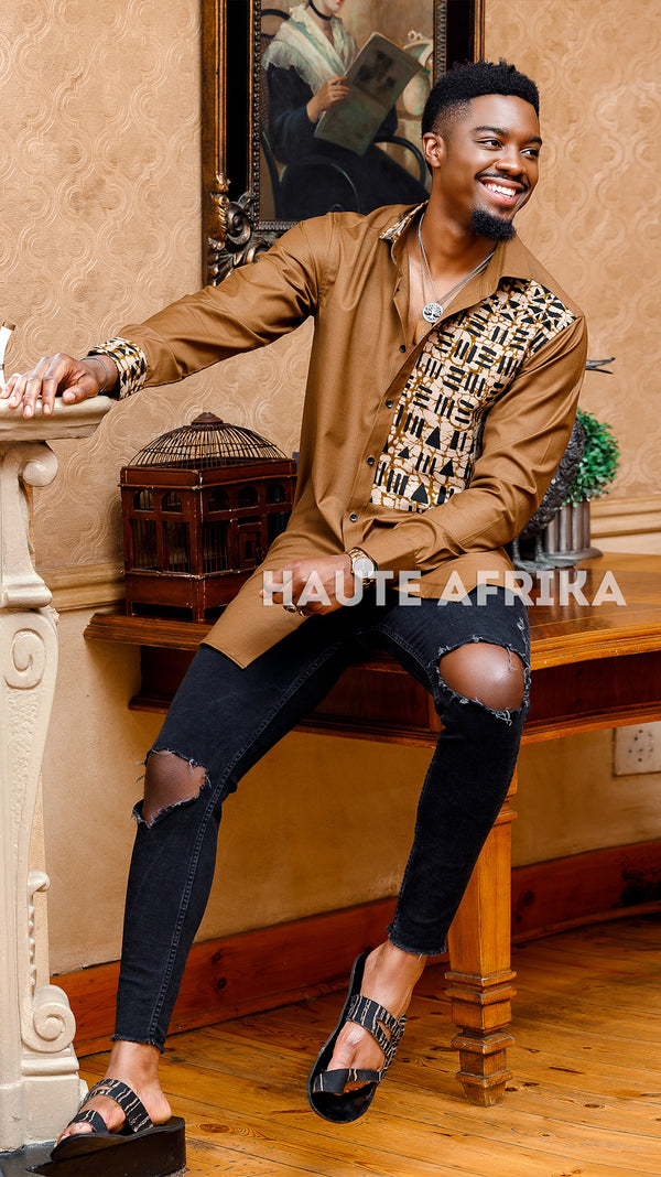 Khartoum Shirt colored brown with an African prit patch in creme and black