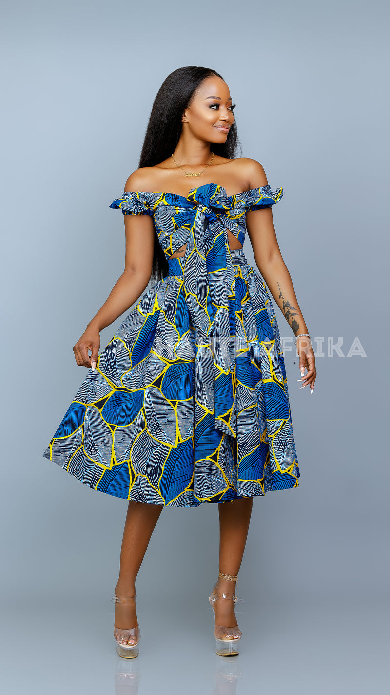 Libreville Dress - Blue with a mixture of white and yellow