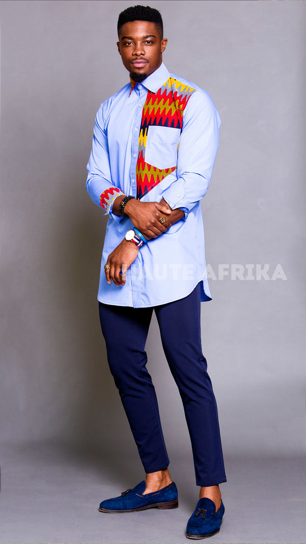 Kenya Shirt blue with a patch of african print colored red, yellow and blue