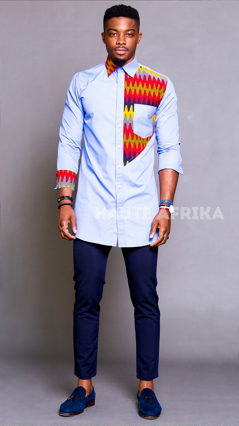 Kenya Shirt blue with a patch of african print colored red, yellow and blue
