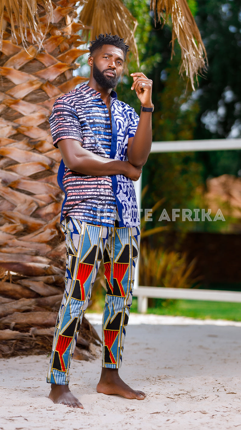 Ibadan Shirt colored with a blend of blue and red African print