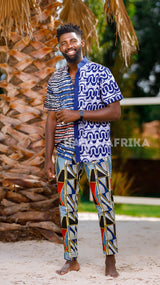 Ibadan Shirt colored with a blend of blue and red African print