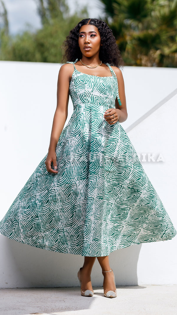 Douala Dress in light green and white African print design
